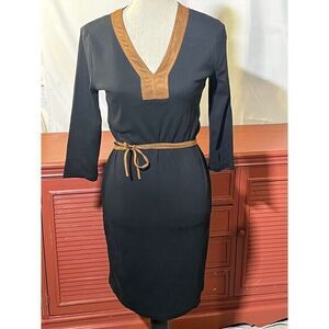 Lauren Ralph Lauren‎ Black Midi Dress with Brown Suede Trim Elegant Office Wear